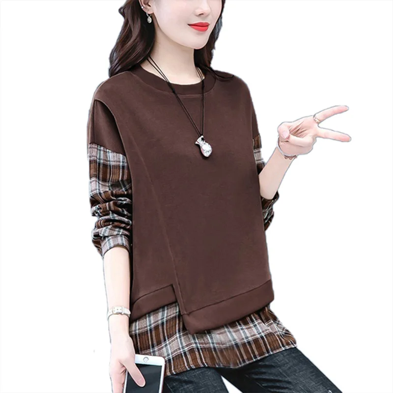 Fake Two-piece Pullover Sweatshirt Women in Spring and Autumn New Korean Style Plaid Casual Loose Base Shirt Women