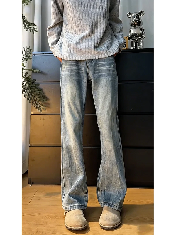 

American Waed Lightning Pattern Flared Jeans Men's Light Blue Slimming Knife Pants High Street Straight Leg Jeans