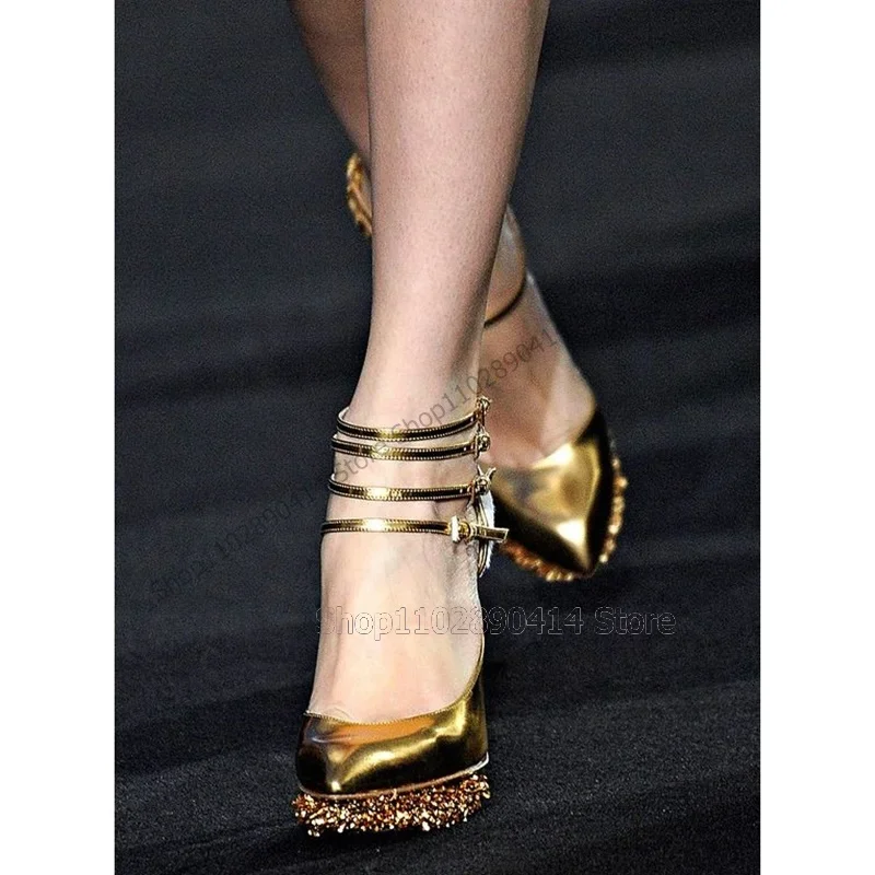 

Gold White Glitter Pointed Toe Platform Pumps Ankle Buckle Strap Women Shoes Thin High Heels Fashion 2025 Zapatos Para Mujere