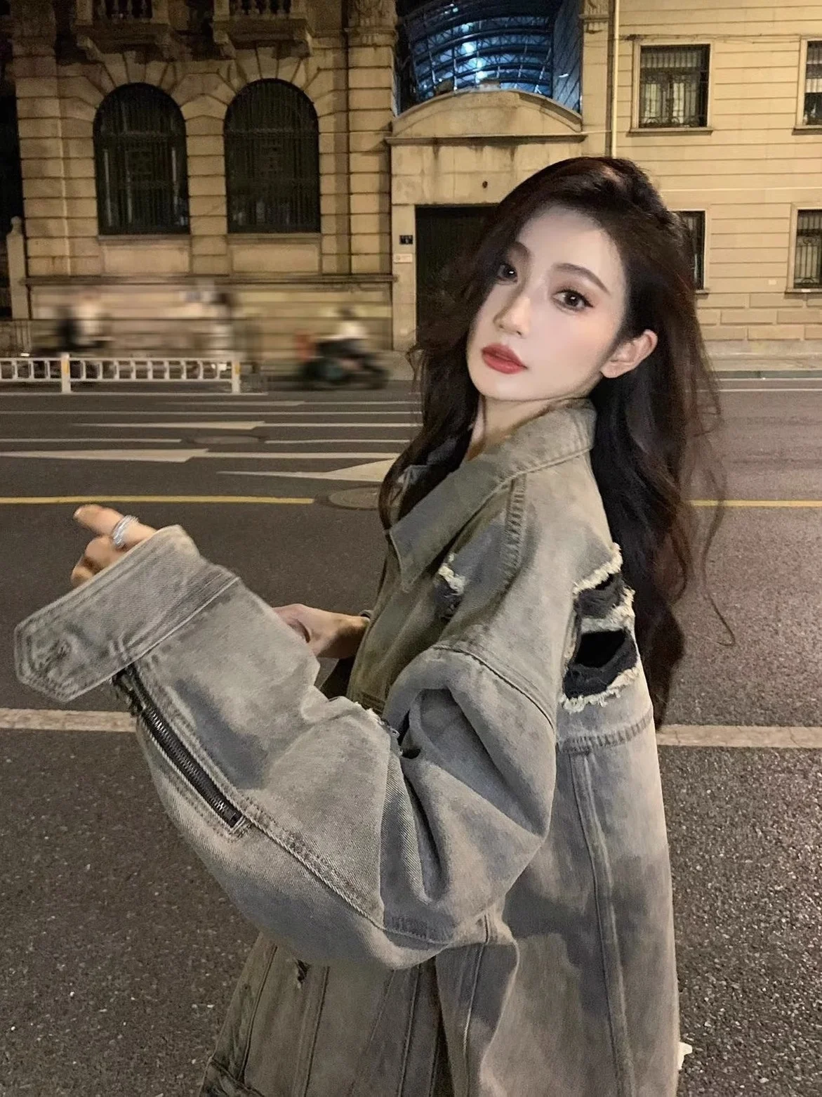 레트로 오버사이즈 데님 재킷 남성용 루즈핏 워싱 디스트레스드 캐주얼 아우터웨어 롱 슬리브 청년 트렌드 가을 의류