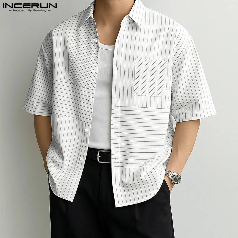 

INCERUN Men Striped Shirt Lapel Short Sleeve Button Casual Men Clothing Summer Streetwear 2025 Loose Fashion Male Shirts Tops