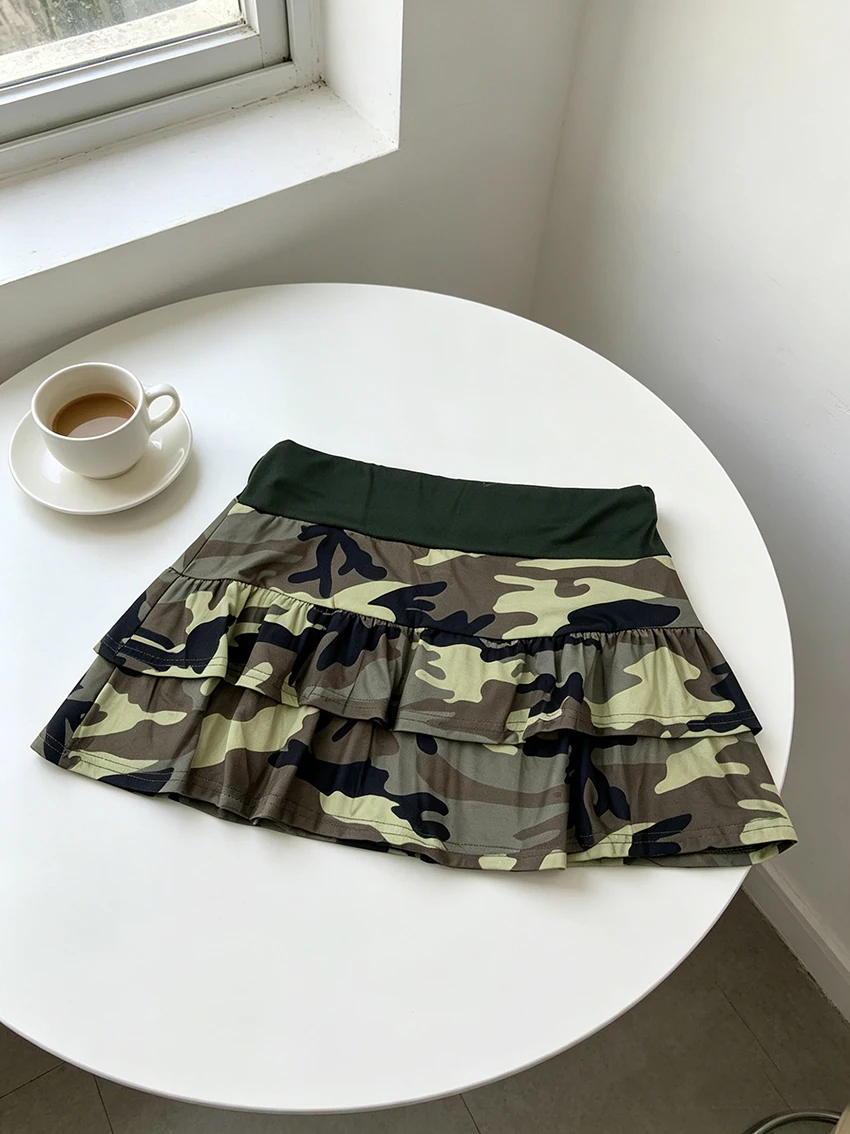 Y2K High Street Letter Rhinestone High Waist Women A-line Skirts Fashion Camouflage Sweet Cool Double-layer Pleated Short Skirts