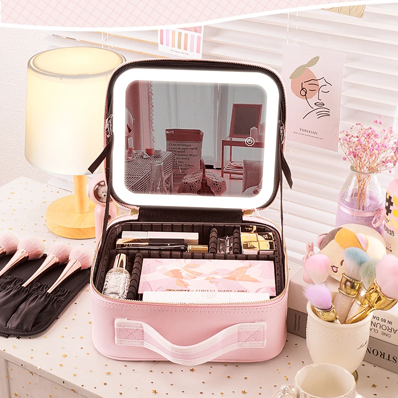 Travel Makeup bag with Large Lighted Mirror Partitionable Cosmetic Bag Professional Cosmetic Artist Organizer, Waterproof Porta