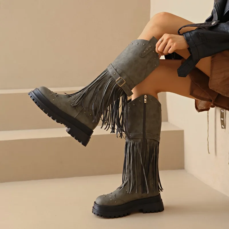 شرابة أحذية طويلة خريف شتاء موضة جديدة جولة تو الجانب البريدي منصة رصع كتلة كعب الأحذية #4