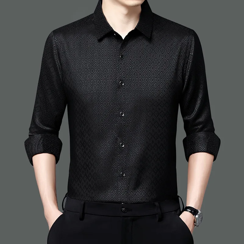 Formal Luxurious Dress Black Shirts For Men Lapel Long Sleeve Business Work Shirts Male Slim Fit Casual Workplace Chemise Hombre