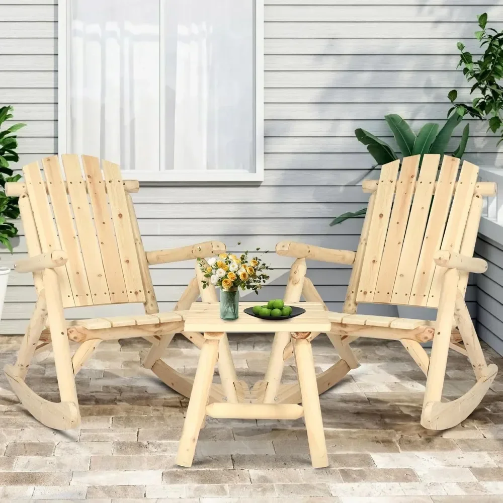 

3-Piece Outdoor Wood Rocking Bistro Set, Rustic Adirondack Rocker Chair Set with High Back & Slatted Seat and Side Table