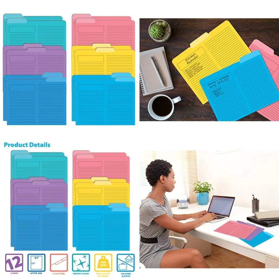 

Better Office Products Lined File Folders 12 Pack Heavyweight 1/3 Cut Tabs 6 Vibrant Colors Top Custom Subject Box Letter Size
