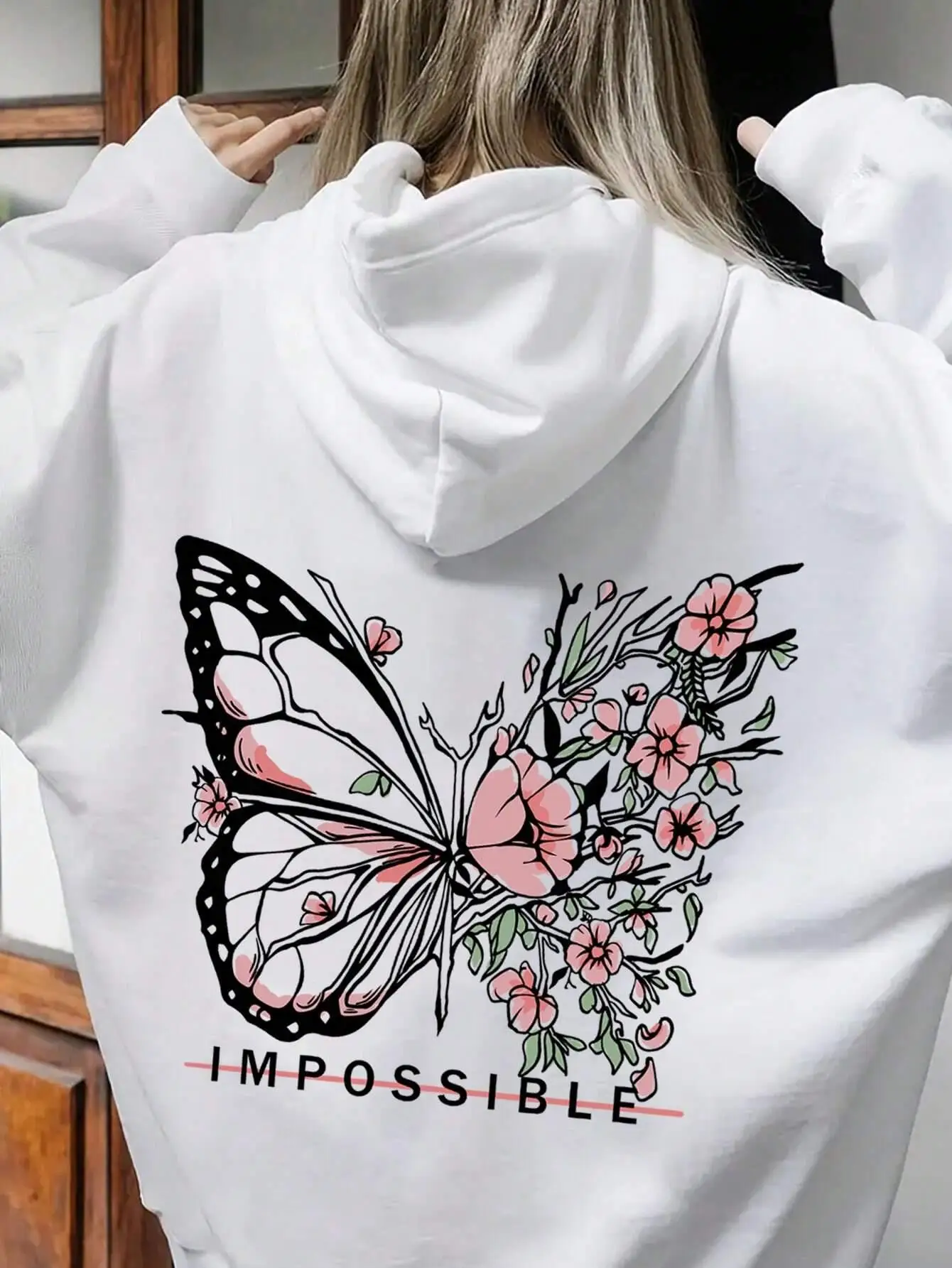 Rose Butterfly Impossible Letter Graphic Print Women Sweatshirt Fashion Warm Hooded Loose Casual Hoodies Fleece Soft Clothing