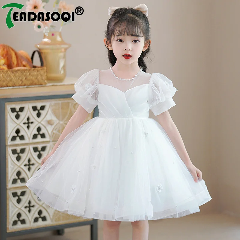 3-10Y Children's Dress For Girls Summer Puff Short Lace Sleeve Emboridery With Beads Formal Wedding Ball Gown Princess Dresses