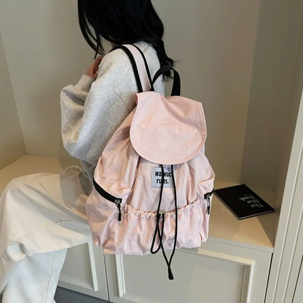 

Simple Solid Color Drawsting Backpacks Nylon Large Capacity Ruched Shoulder Bags Casual Light Weight Student Schoolbag Travel