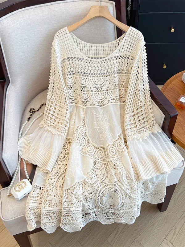 

n Sle Винтажное вязаное круглое платье Ne Loose Lace Splicing Nine-Quarter Sve Dr Beach Dr Полая смесь хлопка