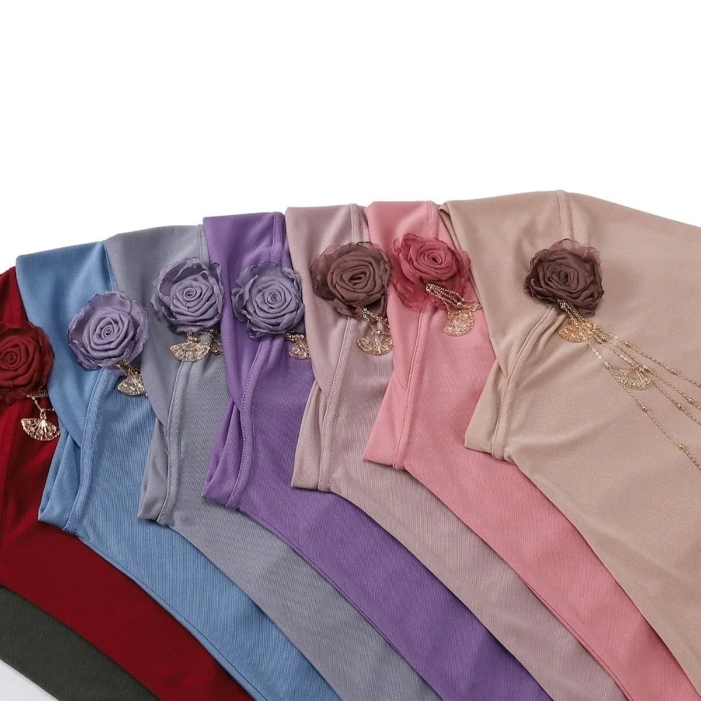Comfort Round Edge 3D Flower Tassel Hijab Stretch Solid Color Head Scarf Lightweight High-Elasticity Headwear Daily Prayer