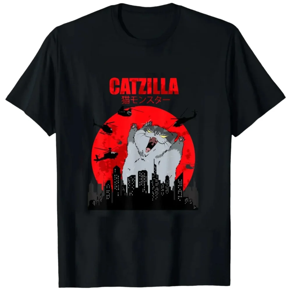 Lustige süße Kunst japanische Katze Grafik für Katzenliebhaber Catzilla T-Shirt Grafik T-Shirts Damenbekleidung Mode
