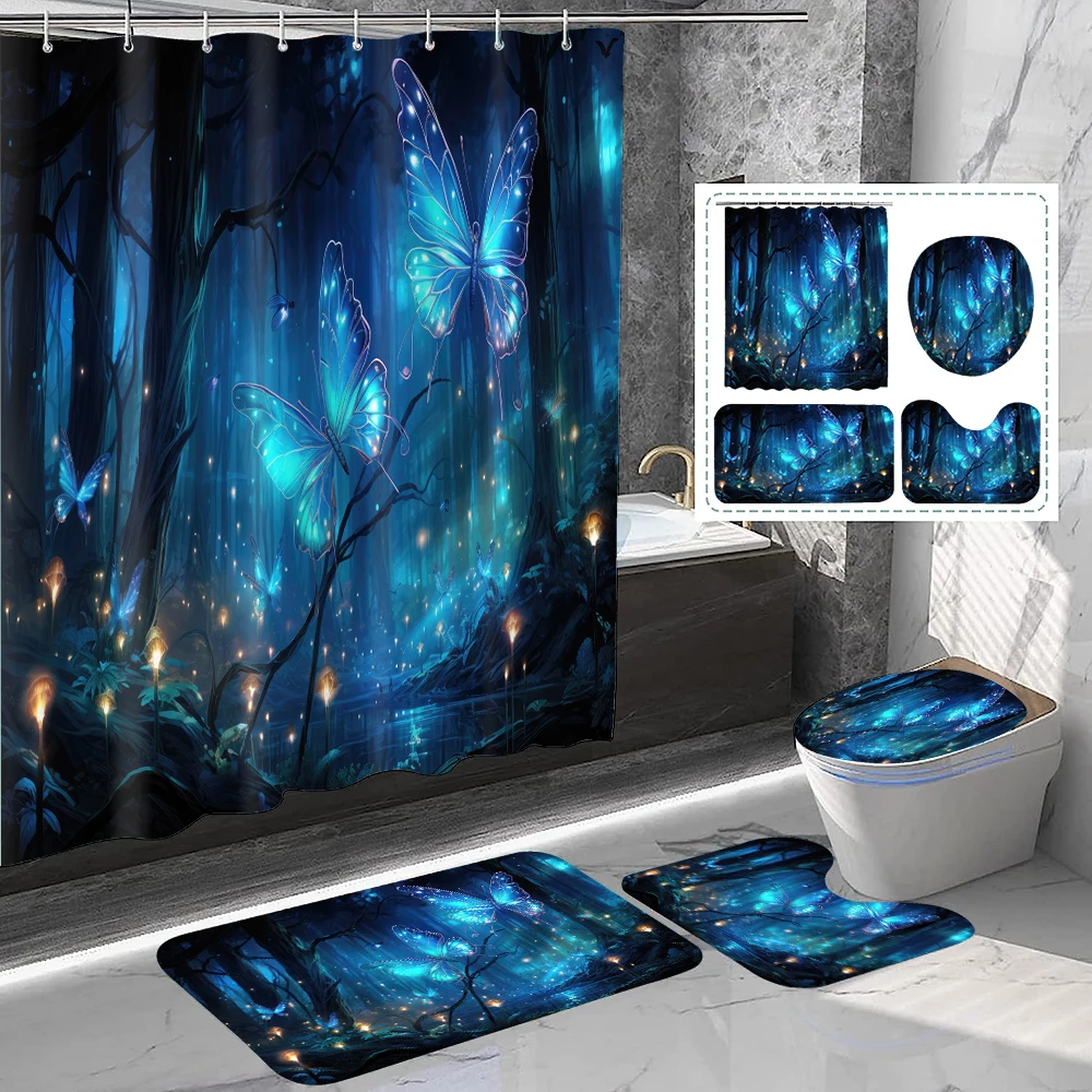 

1 set of dark forest blue butterfly printed shower curtains with 12 hooks and bathroom floor mats