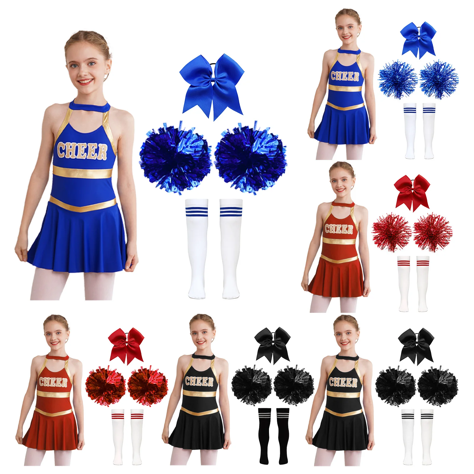 Kids Girls Cheerleading Outfits Letter Print Cheer Modern Dance Dress 1Pc Bowknot Headwear 2Pcs Hand Flowers Striped Tube Socks