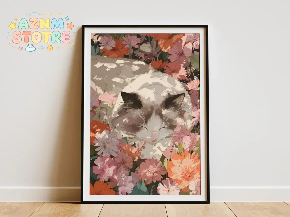 Ragdoll Cat Sleeping Floral Art Print Pink Flower Field Pet Lover Gift Home Decor Wall Art Botanical Cat Garden Poster