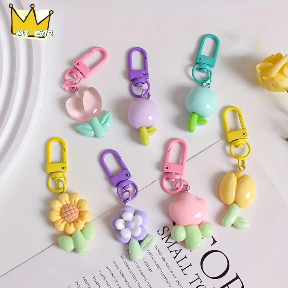 

Young Girl's Heart Tulip Flower Keychain Candy Color Korean Sunflower Keychain Cute Resin Sweet Resin Tulip Keychain Couple