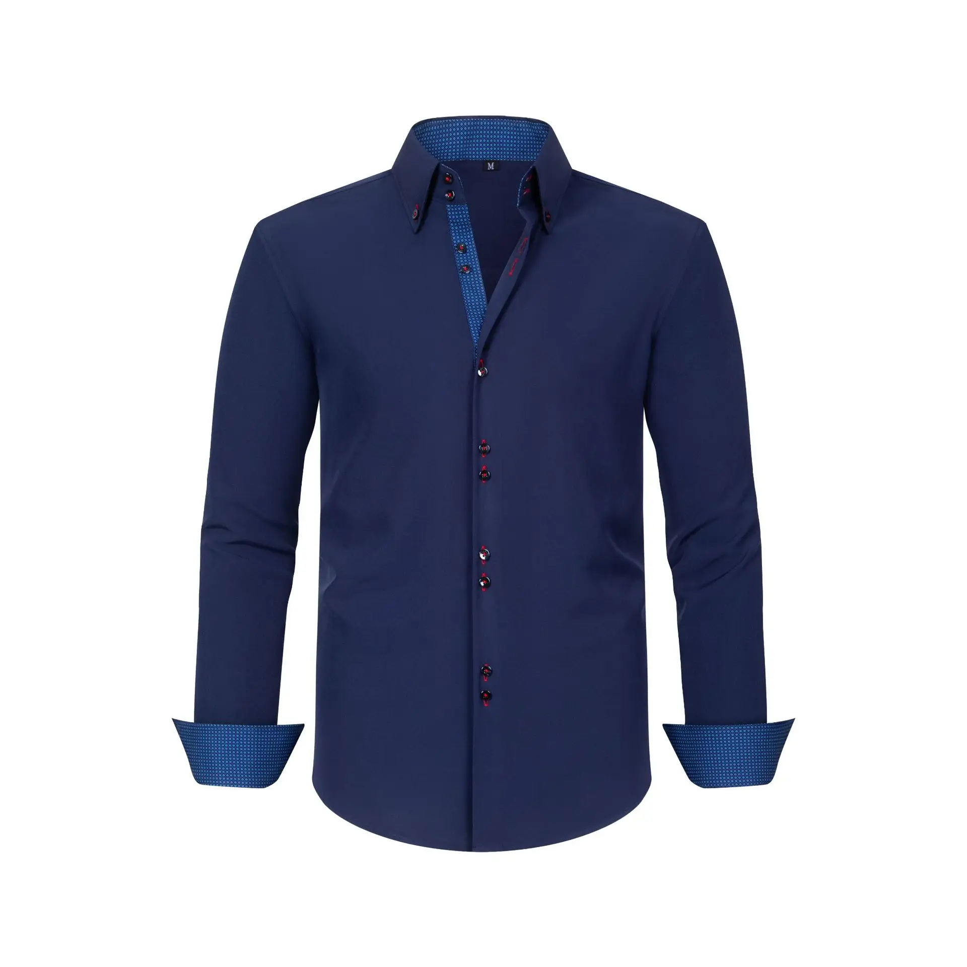 Men's Polyester Solid Color Black Shirts Long Sleeve Blue Paisley Patchwork Social Casual Dress Shirt Elegant Men Clothing