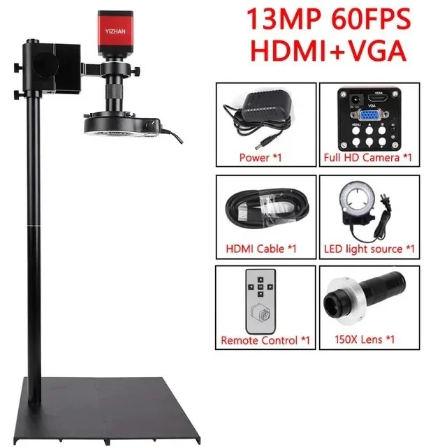 Monocular Microscope Red Ca me ra 13MP 150X Lens Middle Mount Repair Kit VGA HD-MI Working Distance 100cm
