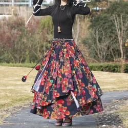 High Waist Lace-up Printed Skirt Bohemian Maxi Skirts for Women Loose Irregularity Pleated Long Skirts Elegant Female Streetwear