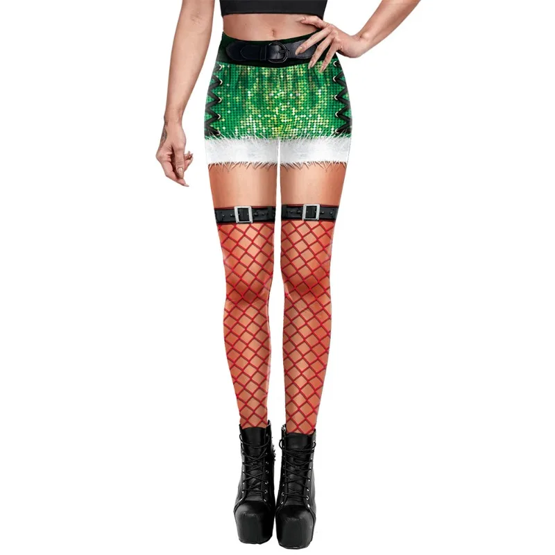 Women Christmas Fake Stocking Print Leggings Digital Printed Suspender Tights Pattern Stretch Skinny Pants Party Trousers