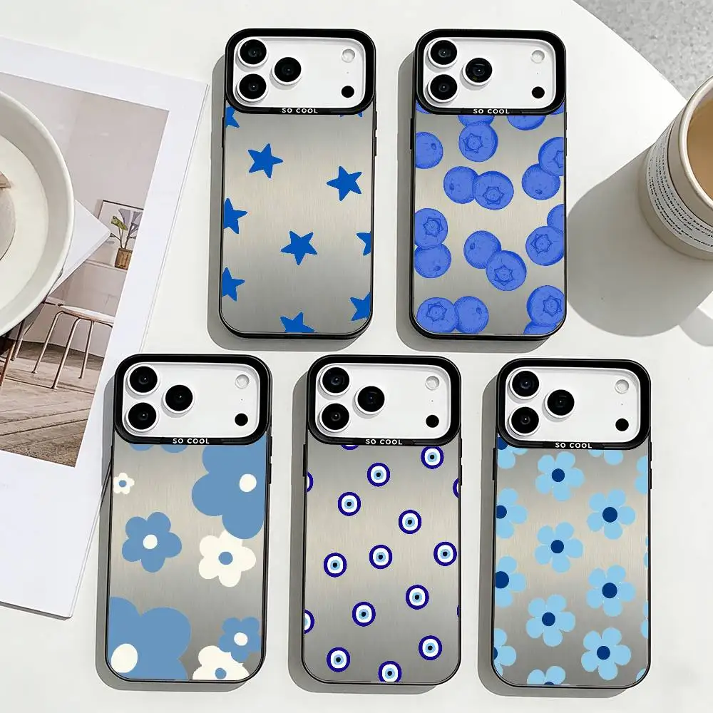 

Blue Minimalist Print Phone Case For iPhone17,16,15,14,13,12,Pro Max Black Colored Silver Plated Inside Cover