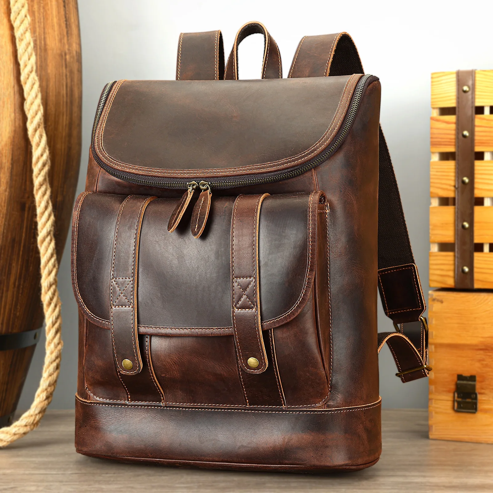 Crazy Horse Leather Backpack for Men Vintage Travel Bag Premium Cowhide Rucksack Outdoor Hiking Daypack