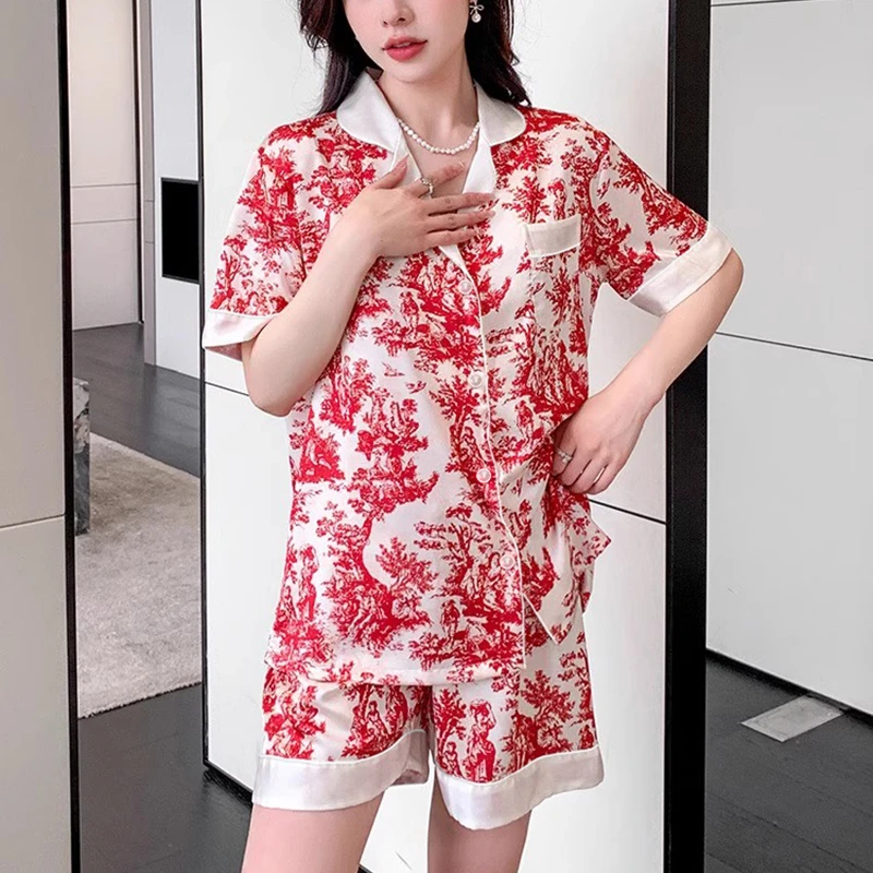 Ink and Wash Painting Chinese Style Women\'s Pajamas 2024 New Summer Fashion Classy Lounges Two-piece Female Short Housewear Y2k