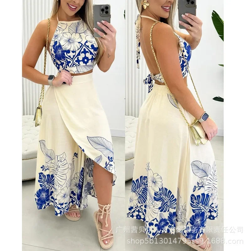 Women Casual Long Skirts 2-piece Sets Outfits Tropical Printed Camis Tops Sexy Beach Wear Dress Sets Backless Tops