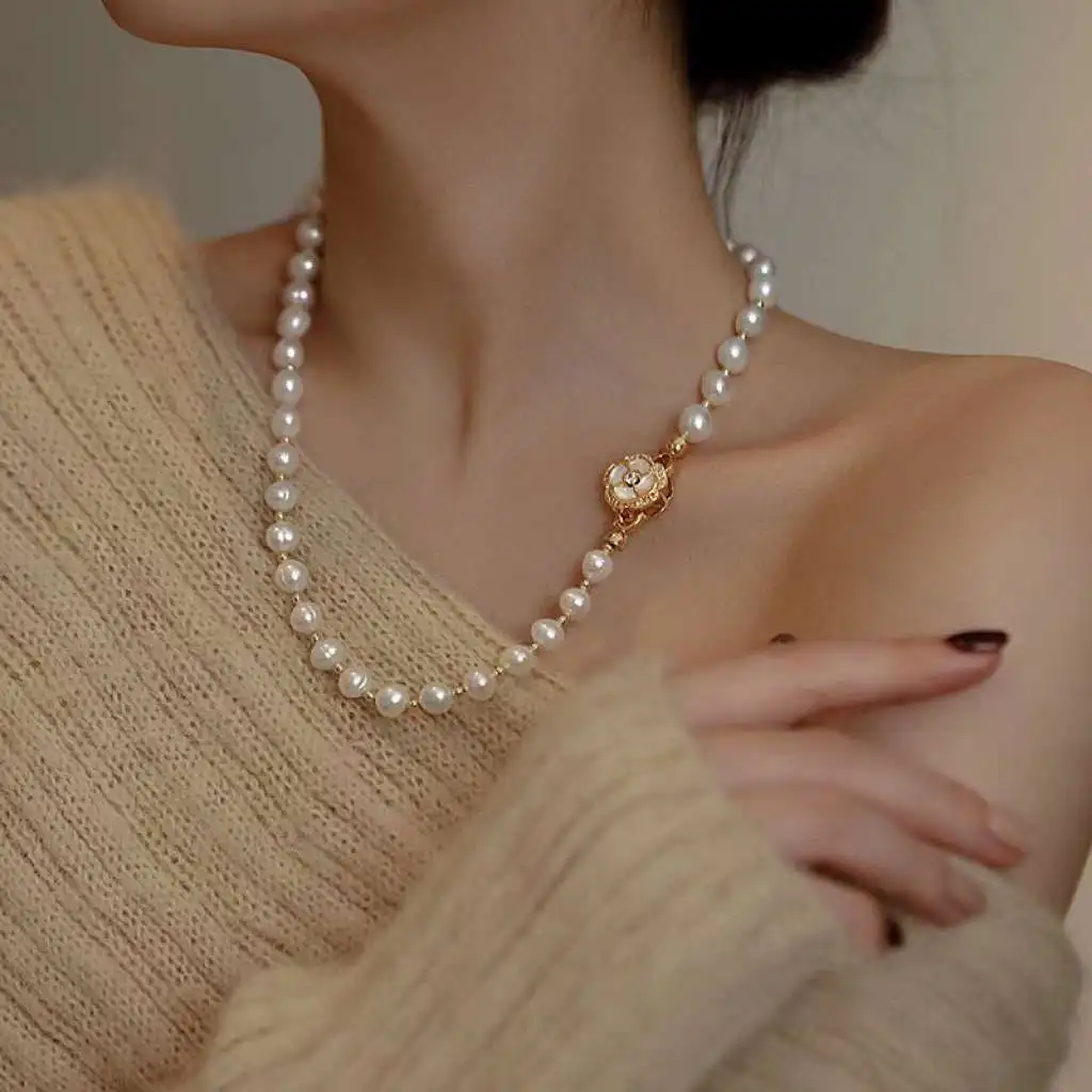Natural Freshwater Oval Pearl Necklace, 50cm, Gold Plated Camellia Clasp, Multi-Wear Design