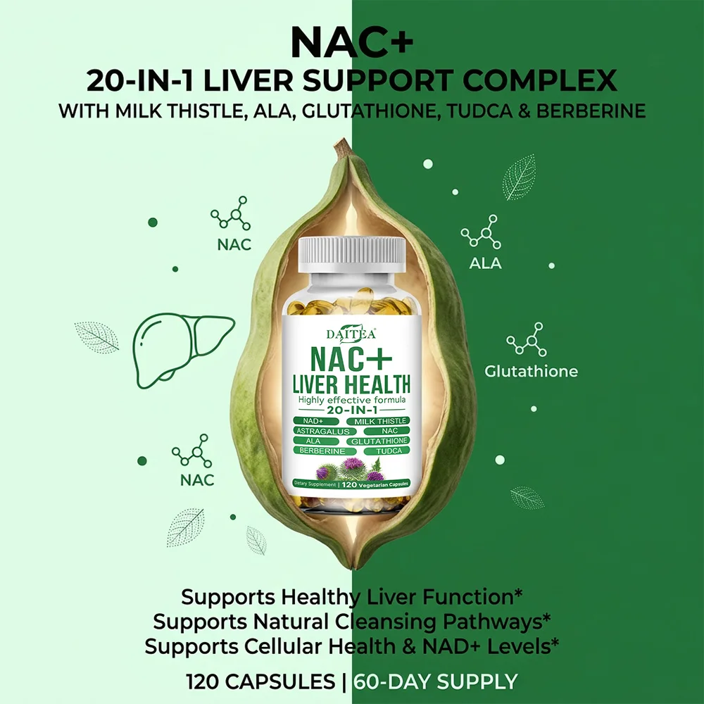 Liver Advanced+, 20-in-1 Complex with Milk Thistle, Dandelion, NAD, NAC, Glutathione, Artichoke, Turmeric, & Astragalus, Non-GMO