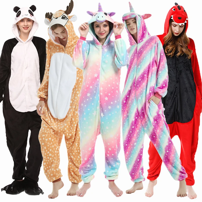 

Women Animal Kigurumi Pajamas Winter Thick Flannel Sleepwear Adult Hooded Pyjama Homewear Halloween Cosplay Party Costumes