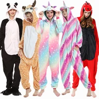 Women Animal Kigurumi Pajamas Winter Thick Flannel Sleepwear Adult Hooded Pyjama Homewear Halloween Cosplay Party Costumes