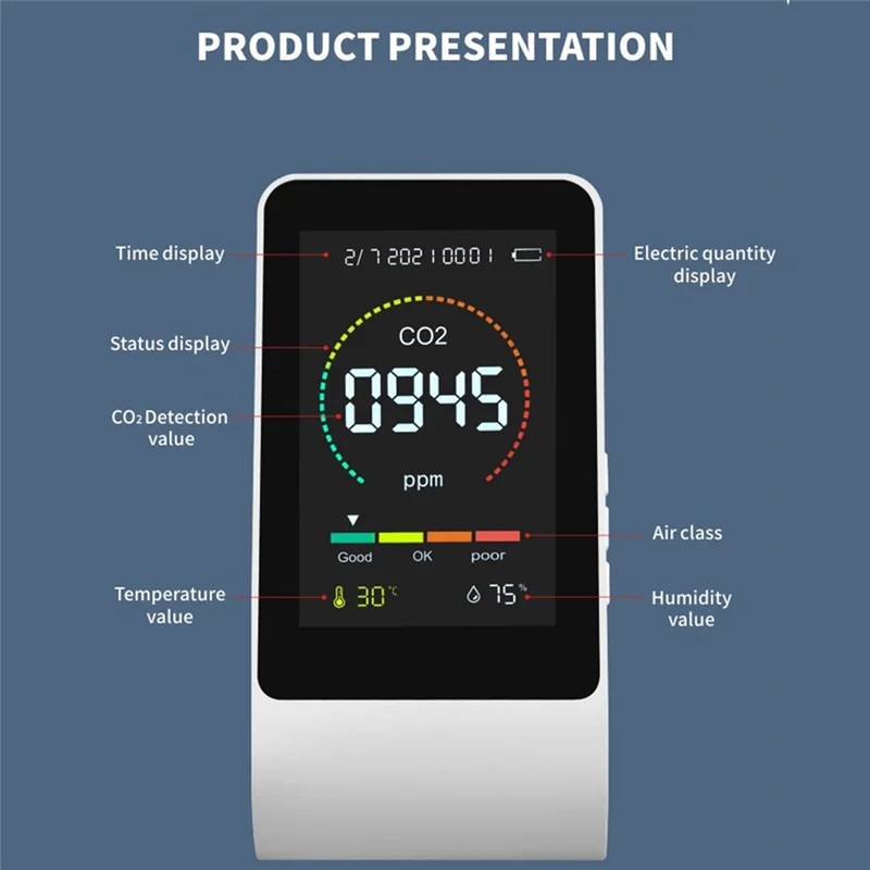 3 In1 CO2 Meter Smart Air Quality Detector Digital Temperature Humidity Sensor Tester Air Quality Monitor(Black)