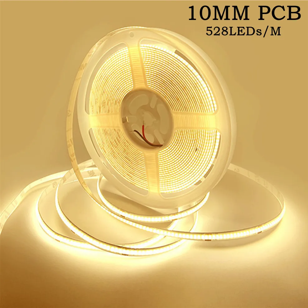 DC 12V/24V COB LED Strip 10MM PCB Linear Light 528LEDs/M High Density Flexible COB LED Tape Light Bar For Home Bedroom Decor
