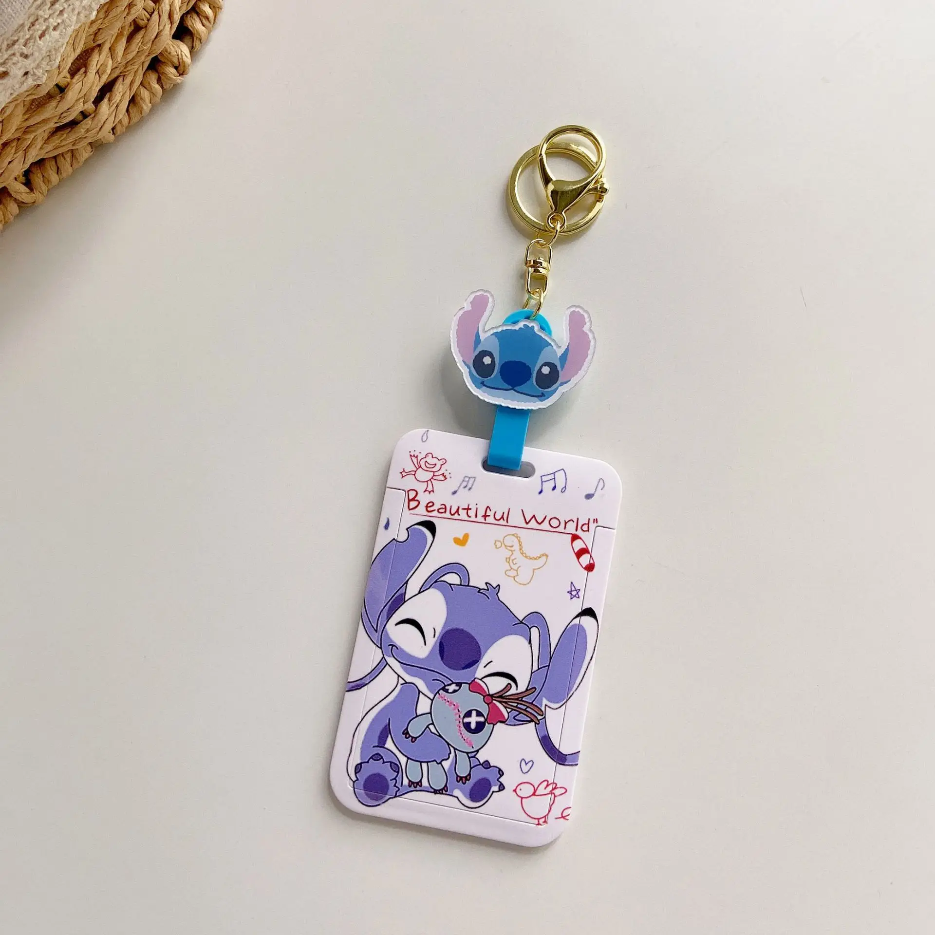 Disney-llavero de Mickey Mouse, Minnie, Winne, the Pooh, Stitch, funda de tarjeta de autobús para estudiantes, protector de tarjeta de comida, regalo para niños