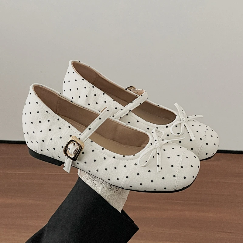 Polka Dot Internal Elevation Women Mary Jane Shoes Designer Butterfly-knot Buckle Spring Shoes Ladies Eelgant Dress Ballet Shoes