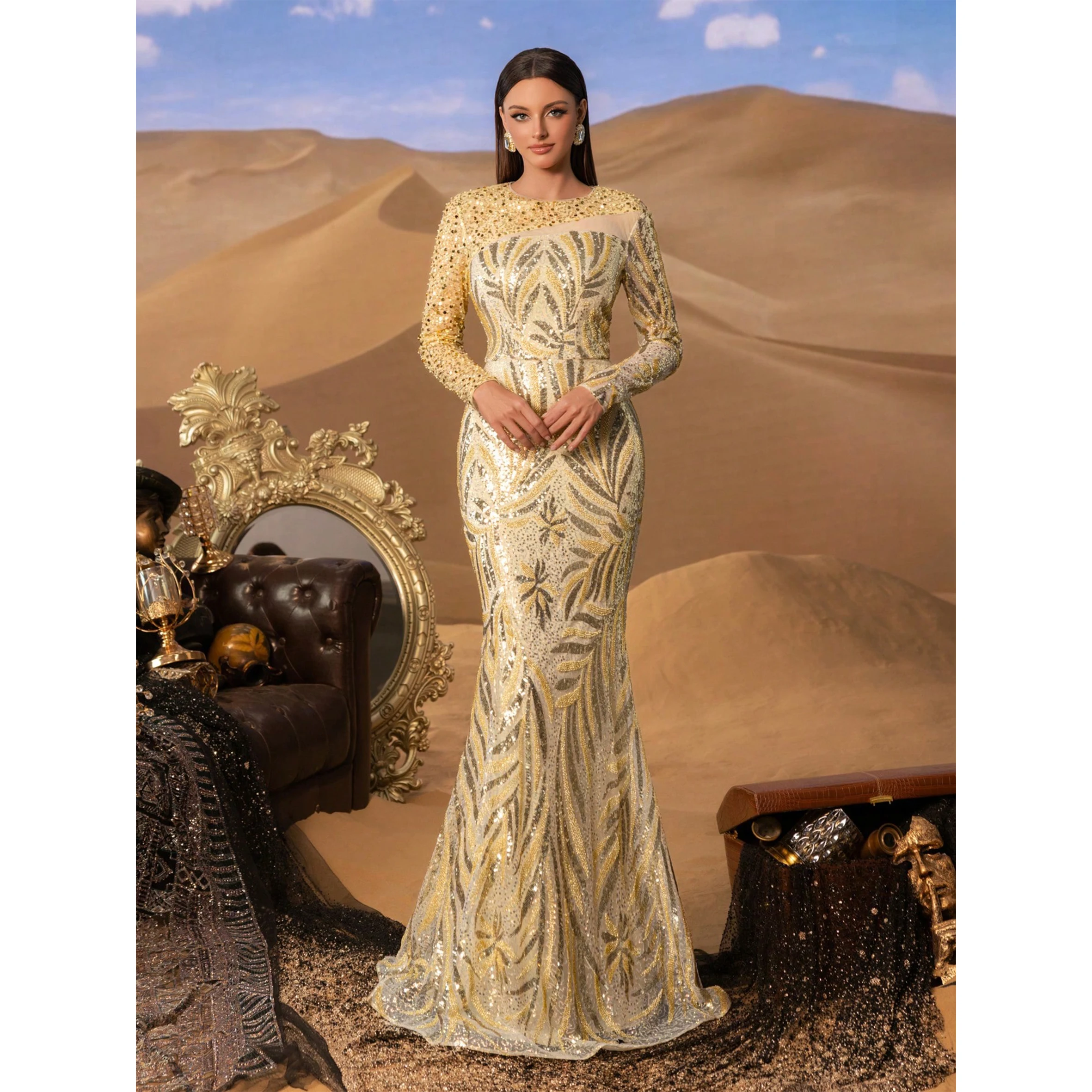 

Luxury Asymmetrical Sleeves Mermaid Hem Graphic Sequin Beaded Formal Dresses & Evening Gowns