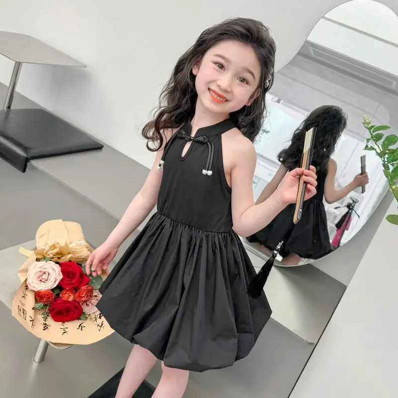 Girls Chinese Style Dress, Halter Neck Sleeveless Cheongsam Top with Knot Buttons + Bubble Skirt, Black A-Line Sundress for Kids