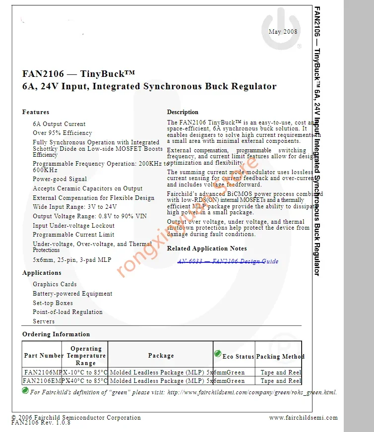 FAN2106MPX 마킹: 2106MP FAN2106MP FAN2106 tiny벅™6A, 24V 입력 통합 동기 벅 레귤레이터 100% 새로운 원본