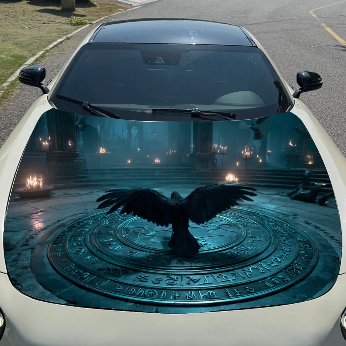 غلاف فينيل للسيارة من Nether Domain Black Raven and Rune Array، ملصق غطاء السيارة المقاوم للماء من مادة PVC، مقاوم للخدش ذاتي اللصق
