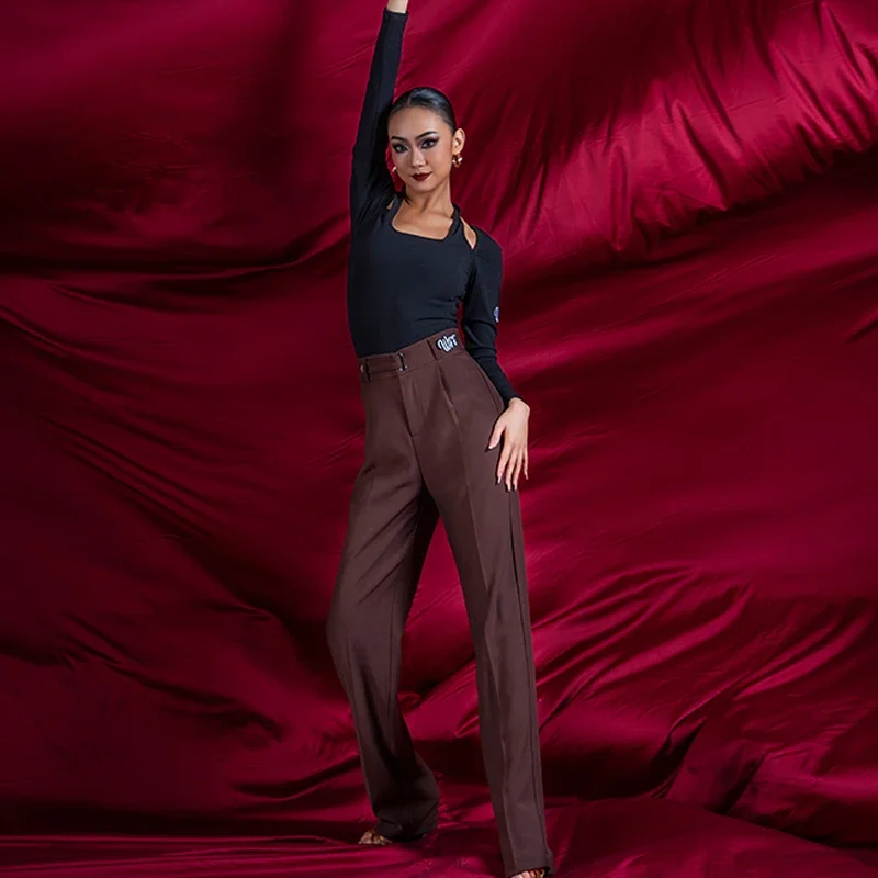 Pantalons de danse de salon taille haute pour femmes adultes pantalons de danse latine Samba femme vêtements de danse moderne Costume d'entraînement SL9365