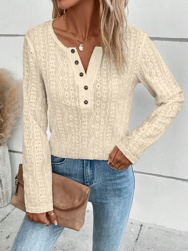 

Women's Button Pullover White Blouse 2025 Summer Autumn Solid Long Sleeved V-neck Pullover With Hollowed Out Lace Casual Shirt