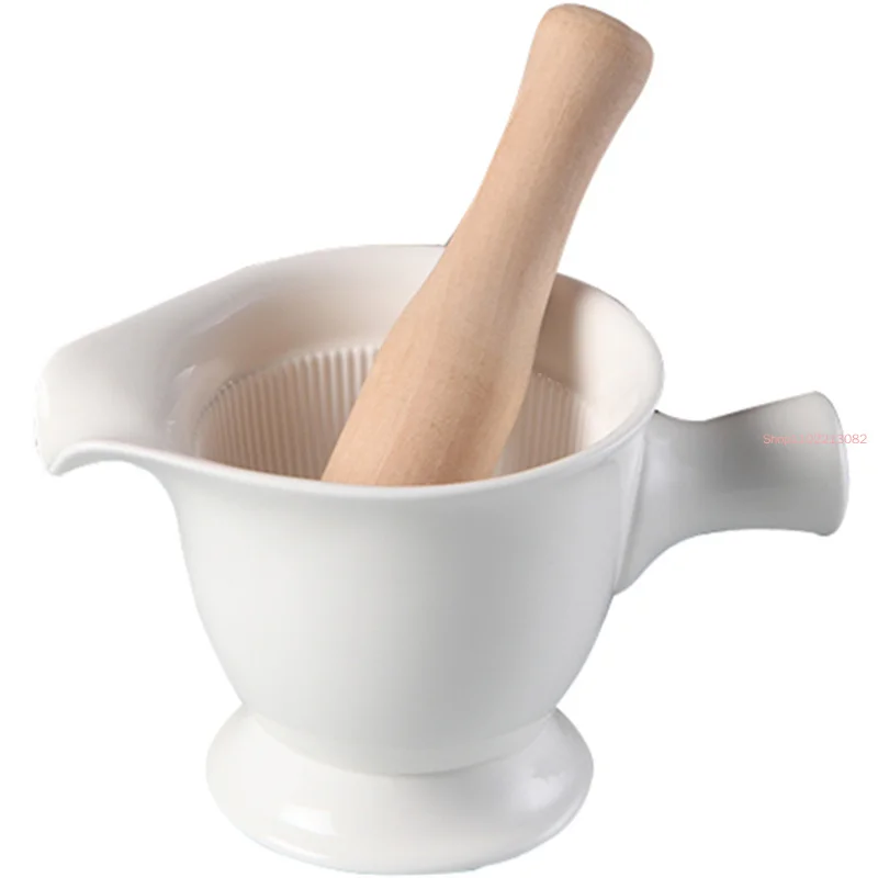 Plain White Embossed Porcelain Grinder with Sticker, Ceramic Mortar and Pestle for Fruit and Vegetable Spice, Salad Food Grinder