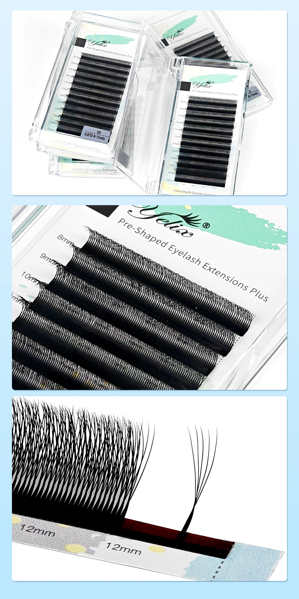 Yelix Schmale 5D-Wimpern, Ultra-Dicht, Kleinerer Abstand, Vorgefertigte Volumenfächer, Wimpernverlängerungs-Trays, Großhandel für Salonzubehör, Großmengenvertrieb – Detail 1