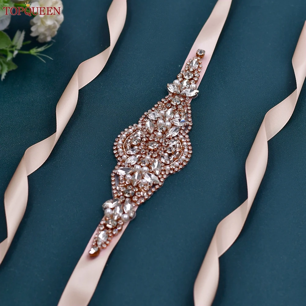 TOPQUEEN Luxury Rose Gold Rhinestone Belt Wedding Belts and Sashes Womens Formal Belts Bridal Sash Belts for Wedding Gown S425