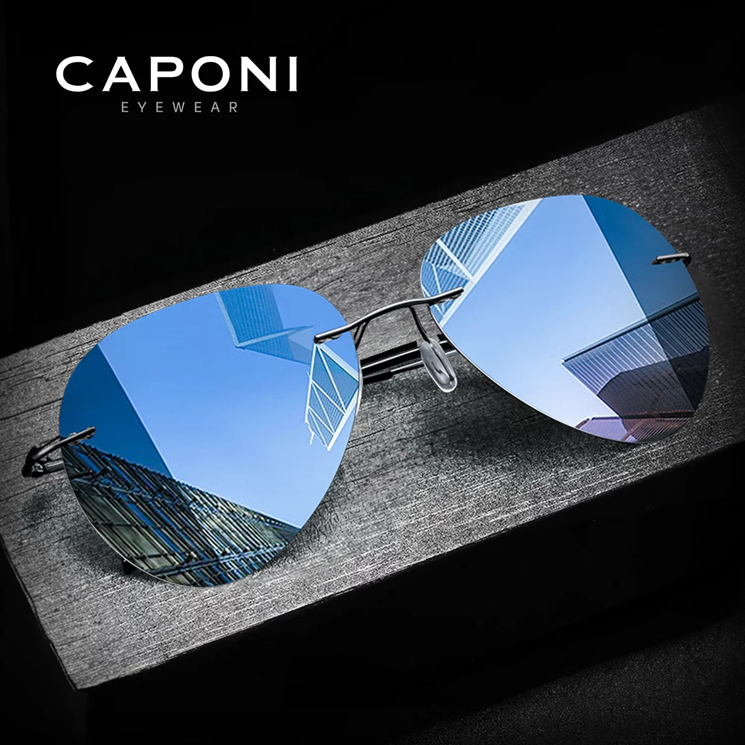 

CAPONI Rimless Avation Sun Glasses For Men Discoloration Driving Fishing Polarized Sunglasses Light Weight Shades Male BS7466