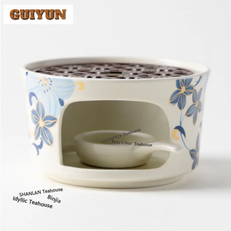 Hand Painted Lily Tea Warmer Holder Alcohol Burner Stove Kettle Stand Boiling Water Carbon Furnace Chinese Tea Set Ornaments
