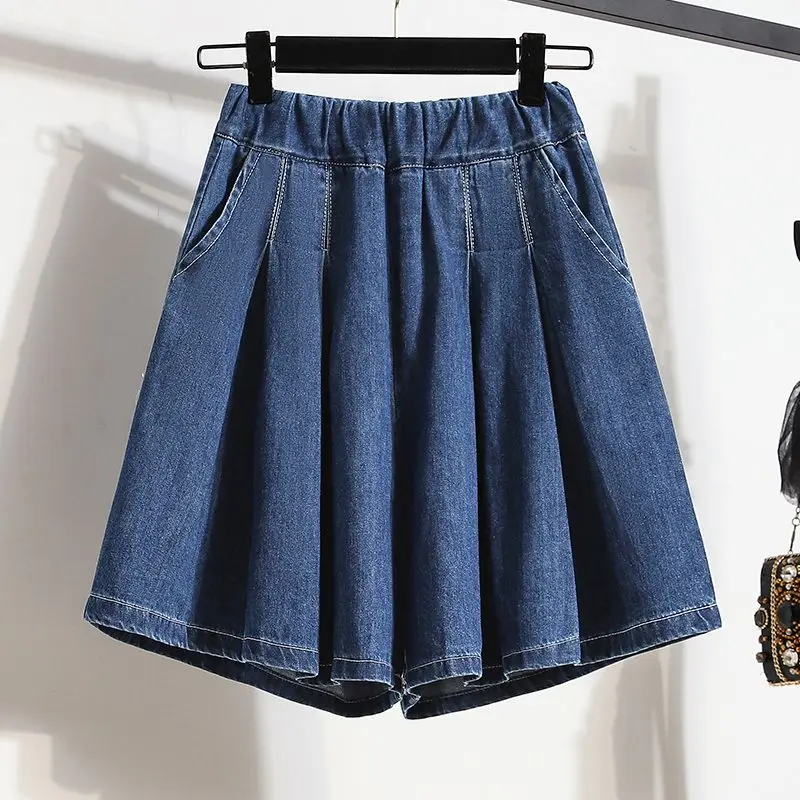 Shorts de Denim Casuais Versáteis para Mulheres, Novo Verão, Design Plissado de Cintura Alta, Cor Sólida, Pernas Largas