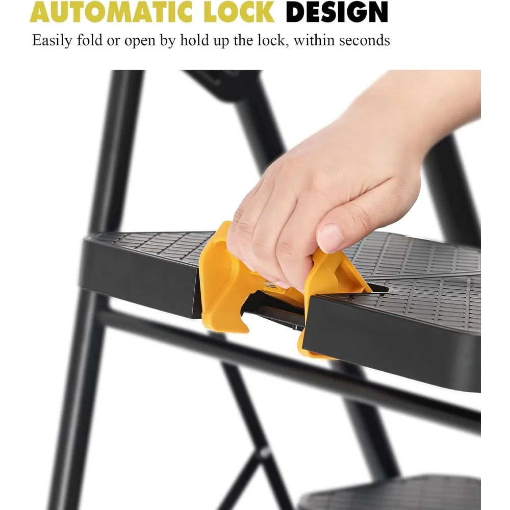 넓은 발판, 도구 플랫폼, 안전 잠금 장치가 있는 접이식 4단 강철 사다리, 가정 및 작업장용으로 휴대 가능하고 견고함